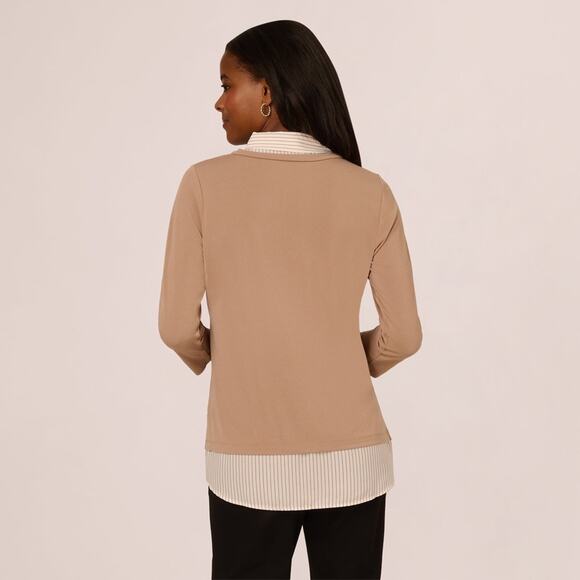 Adrianna Papell Three Quarter Sleeve Sweater Tan Ivory Stripe Top NWT Size L - Picture 3 of 5